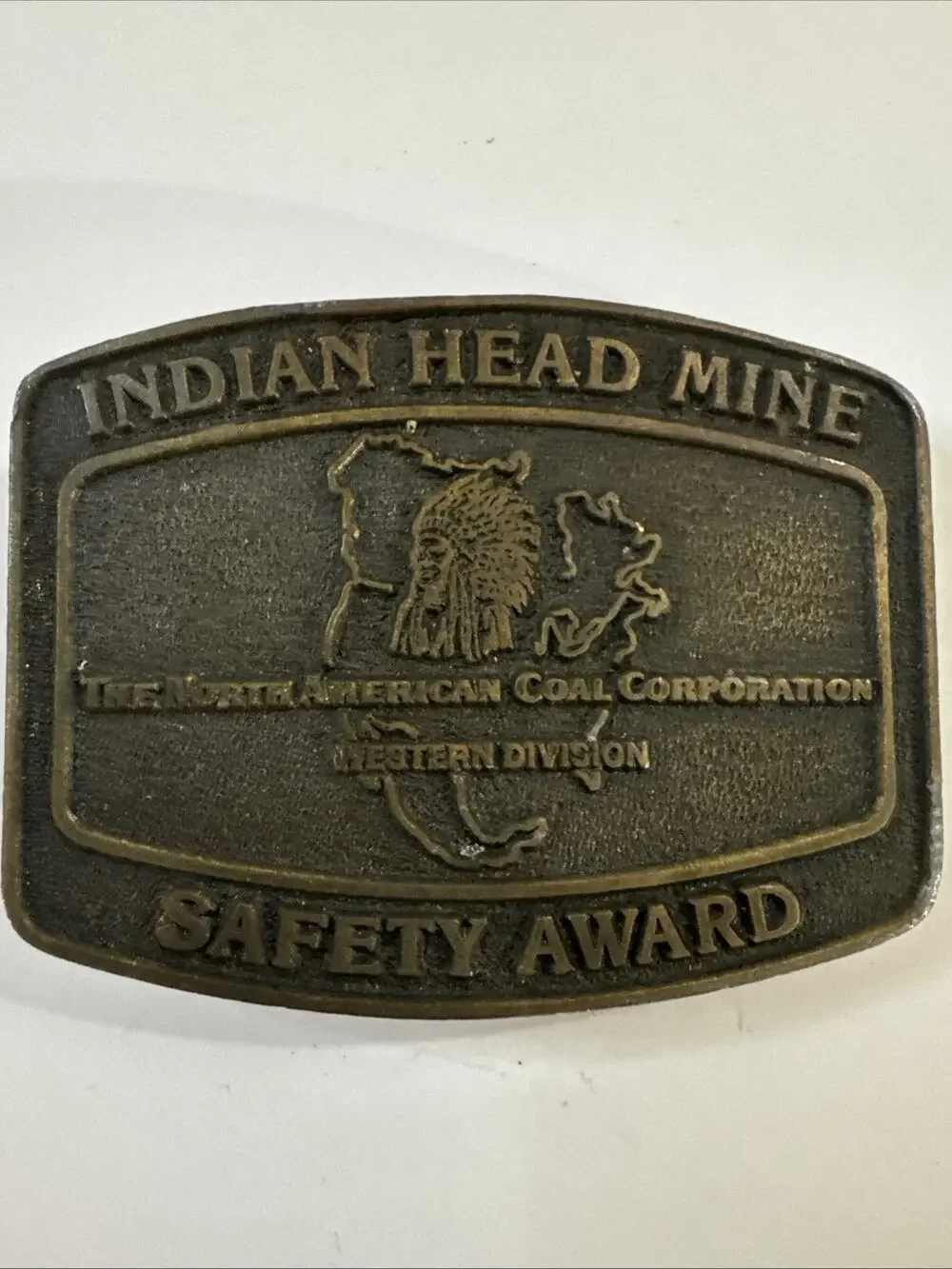 Vtg Indian Head Mine Brass Belt Buckle North American Coal Corp Safety Award 70s